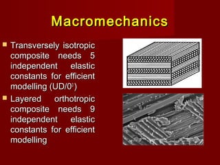MacromechanicsMacromechanics
 Transversely isotropicTransversely isotropic
composite needs 5composite needs 5
independent elasticindependent elastic
constants for efficientconstants for efficient
modelling (UD/0modelling (UD/000
))
 Layered orthotropicLayered orthotropic
composite needs 9composite needs 9
independent elasticindependent elastic
constants for efficientconstants for efficient
modellingmodelling
 