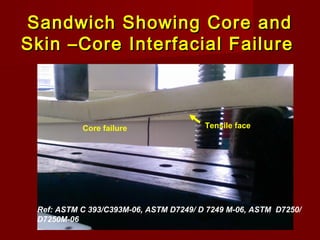 Sandwich Showing Core andSandwich Showing Core and
Skin –Core Interfacial FailureSkin –Core Interfacial Failure
Tensile faceCore failure
Ref: ASTM C 393/C393M-06, ASTM D7249/ D 7249 M-06, ASTM D7250/
D7250M-06
 