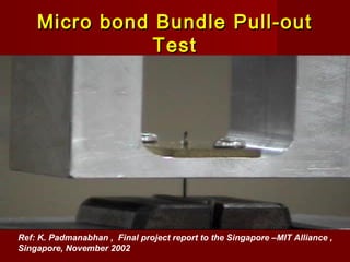 Micro bond Bundle Pull-outMicro bond Bundle Pull-out
TestTest
Ref: K. Padmanabhan , Final project report to the Singapore –MIT Alliance ,
Singapore, November 2002
 