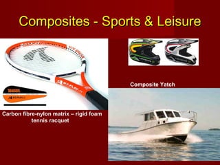 Composites - Sports & LeisureComposites - Sports & Leisure
Carbon fibre-nylon matrix – rigid foam
tennis racquet
Composite Yatch
 