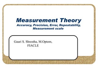 Measurement Theory Accuracy, Precision, Error, Repeatability, Measurement scale  Gauri S. Shrestha, M.Optom, FIACLE 