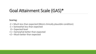 Goal Attainment Scale (GAS)*
Scoring:
-2 = Much less than expected (Worst clinically plausible condition)
-1 = Somewhat less than expected
0 = Expected level
+1 = Somewhat better than expected
+2 = Much better than expected
 