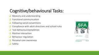 Cognitive/behavioural Tasks:
 Memory and understanding
 Functional communication
 Following social conventions
 Compliance with adult directives and school rules
 Task behaviour/completion
 Positive interaction
 Behaviour regulation
 Personal care awareness
 Safety
 