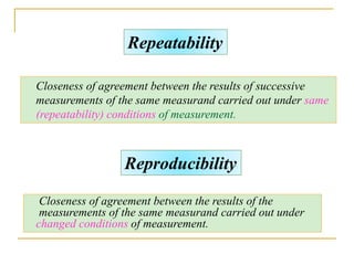 Closeness of agreement between the results of successive
measurements of the same measurand carried out under same
(repeatability) conditions of measurement.
Repeatability
Reproducibility
Closeness of agreement between the results of the
measurements of the same measurand carried out under
changed conditions of measurement.
 