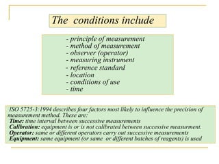 - principle of measurement
- method of measurement
- observer (operator)
- measuring instrument
- reference standard
- location
- conditions of use
- time
The conditions include
ISO 5725-3:1994 describes four factors most likely to influence the precision of
measurement method. These are:
Time: time interval between successive measurements
Calibration: equipment is or is not calibrated between successive measurment.
Operator: same or different operators carry out successive measurements
Equipment: same equipment (or same or different batches of reagents) is used
 