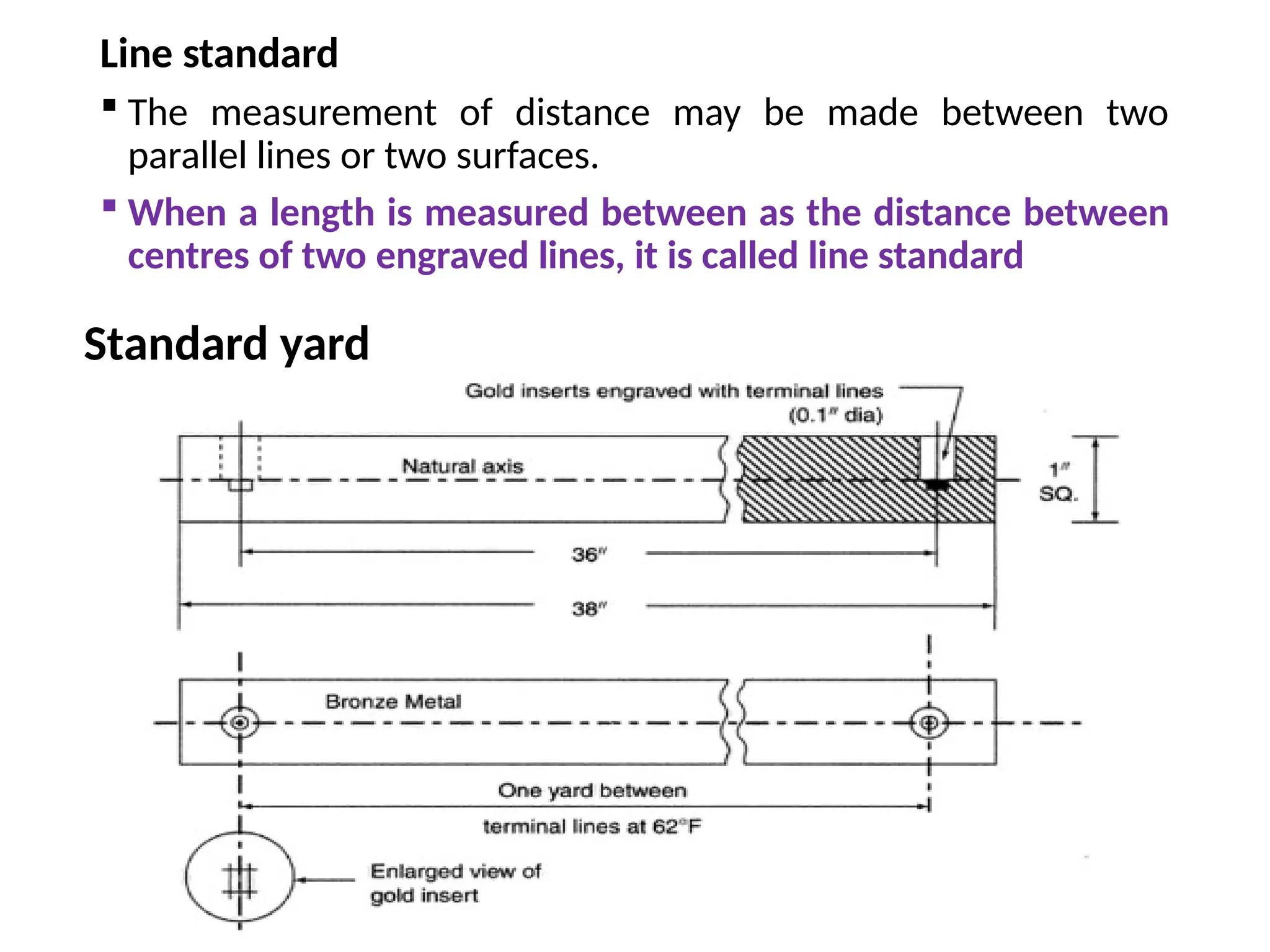 Line standard
 The measurement of distance may be made between two
parallel lines or two surfaces.
 When a length is measured between as the distance between
centres of two engraved lines, it is called line standard
Standard yard
 
