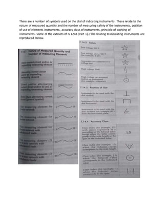 There are a number of symbols used on the dial of indicating instruments. These relate to the
nature of measured quantity and the number of measuring safety of the instruments, position
of use of elements instruments, accuracy class of instruments, principle of working of
instruments. Some of the extracts of IS 1248 (Part 1)-1983 relating to indicating instruments are
reproduced below.
 