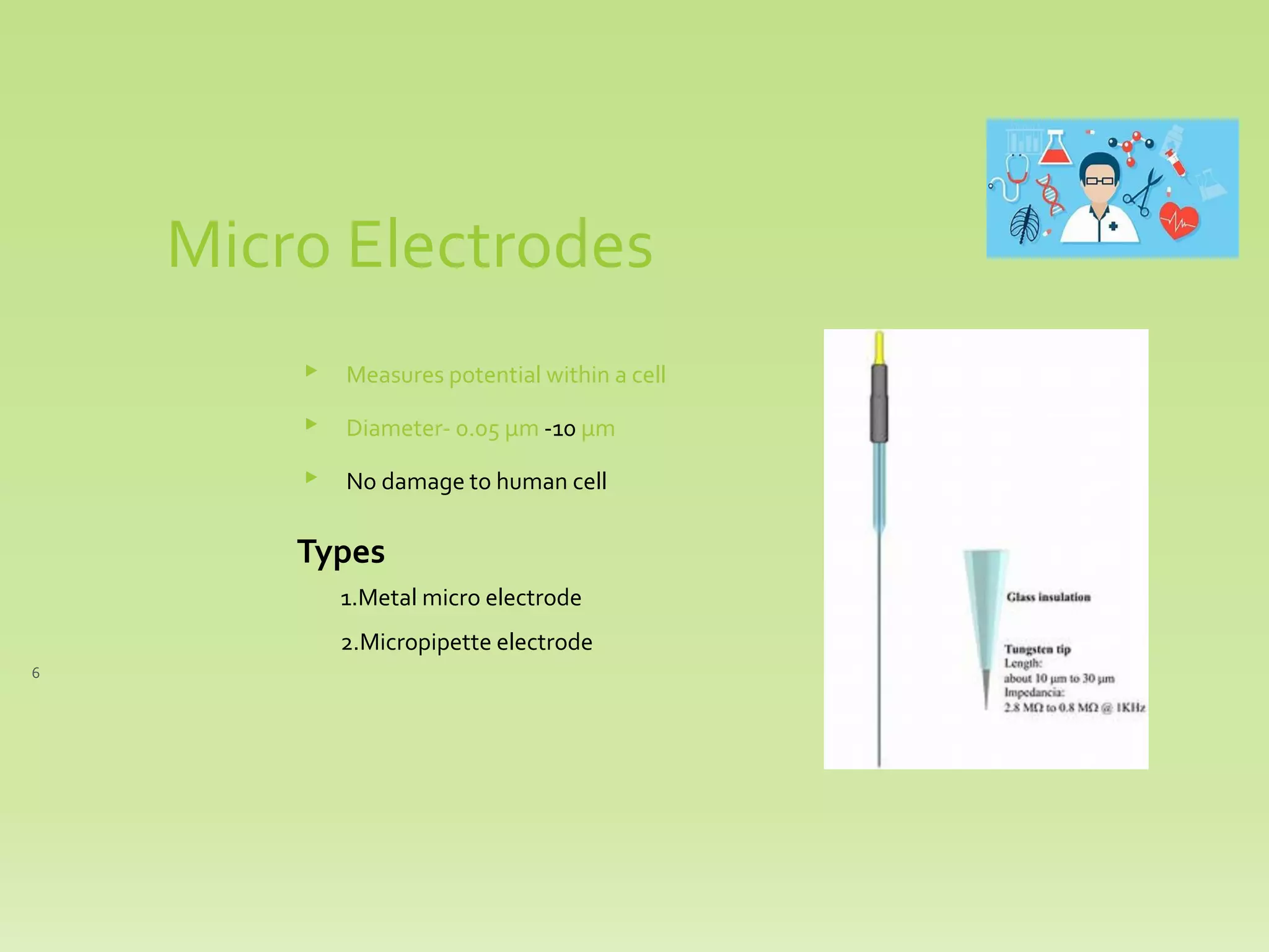 Micro Electrodes
▸ Measures potential within a cell
▸ Diameter- 0.05 µm -10 µm
▸ No damage to human cell
Types
1.Metal micro electrode
2.Micropipette electrode
6
 