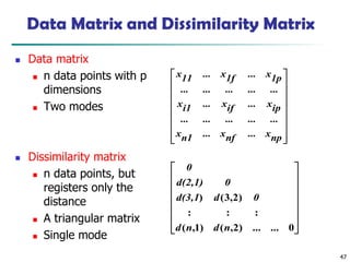 47
Data Matrix and Dissimilarity Matrix
◼ Data matrix
◼ n data points with p
dimensions
◼ Two modes
◼ Dissimilarity matrix
◼ n data points, but
registers only the
distance
◼ A triangular matrix
◼ Single mode


















np
x
...
nf
x
...
n1
x
...
...
...
...
...
ip
x
...
if
x
...
i1
x
...
...
...
...
...
1p
x
...
1f
x
...
11
x
















0
...
)
2
,
(
)
1
,
(
:
:
:
)
2
,
3
(
)
...
n
d
n
d
0
d
d(3,1
0
d(2,1)
0
 
