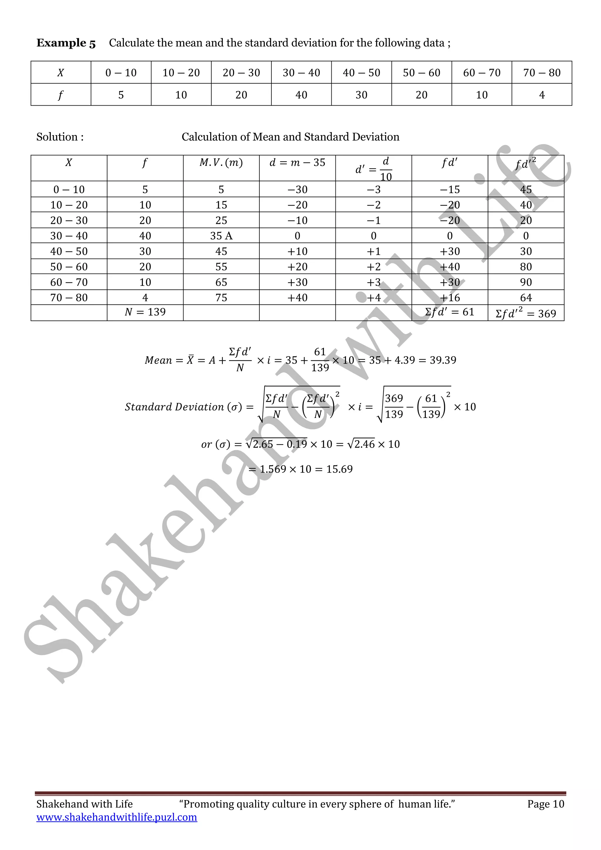 Shakehand with Life “Promoting quality culture in every sphere of human life.” Page 10
www.shakehandwithlife.puzl.com
Example 5 Calculate the mean and the standard deviation for the following data ;
Solution : Calculation of Mean and Standard Deviation
A
̅
√ ( ) √ ( )
√ √
 