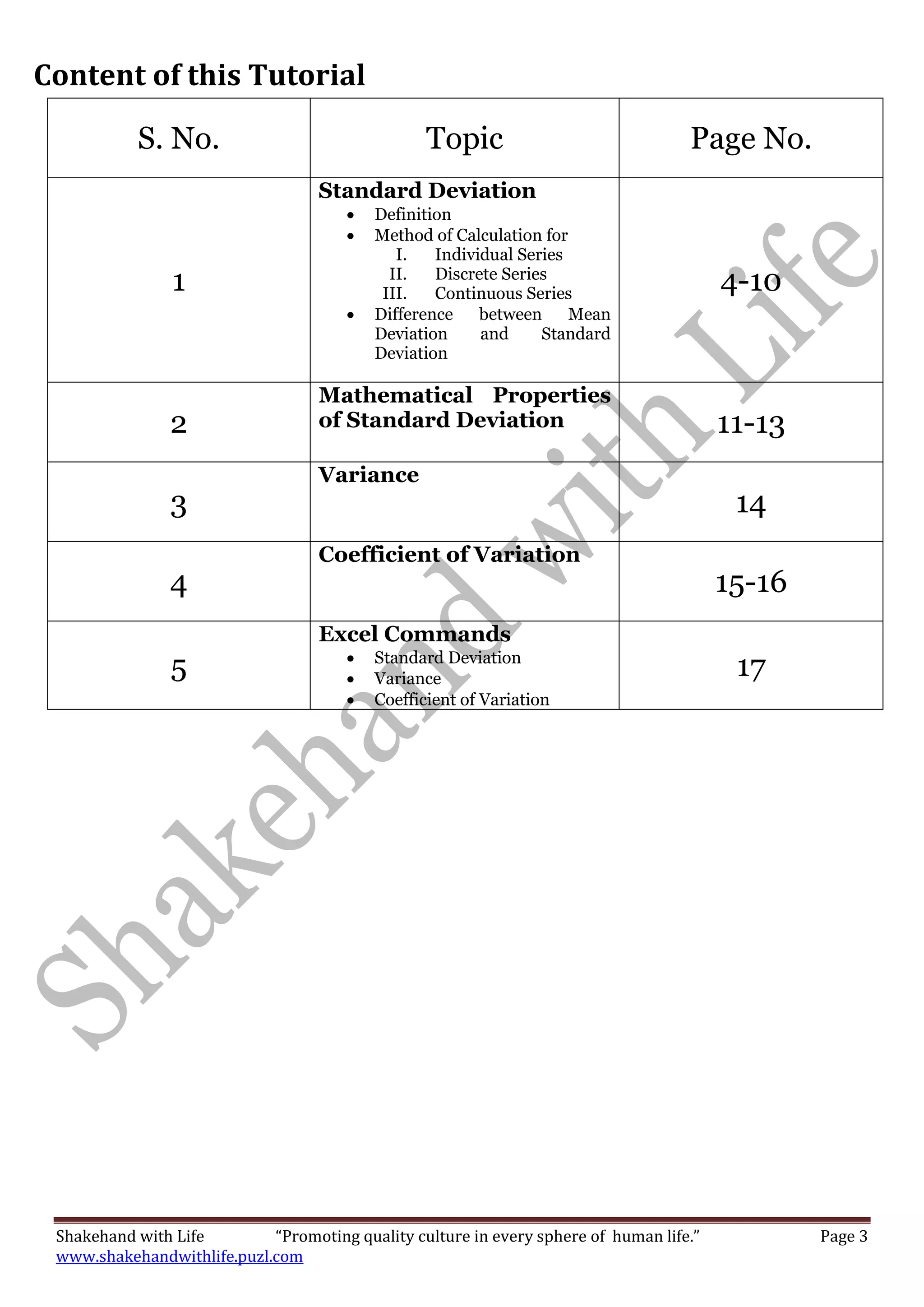 Shakehand with Life “Promoting quality culture in every sphere of human life.” Page 3
www.shakehandwithlife.puzl.com
Content of this Tutorial
S. No. Topic Page No.
1
Standard Deviation
 Definition
 Method of Calculation for
I. Individual Series
II. Discrete Series
III. Continuous Series
 Difference between Mean
Deviation and Standard
Deviation
4-10
2
Mathematical Properties
of Standard Deviation 11-13
3
Variance
14
4
Coefficient of Variation
15-16
5
Excel Commands
 Standard Deviation
 Variance
 Coefficient of Variation
17
 