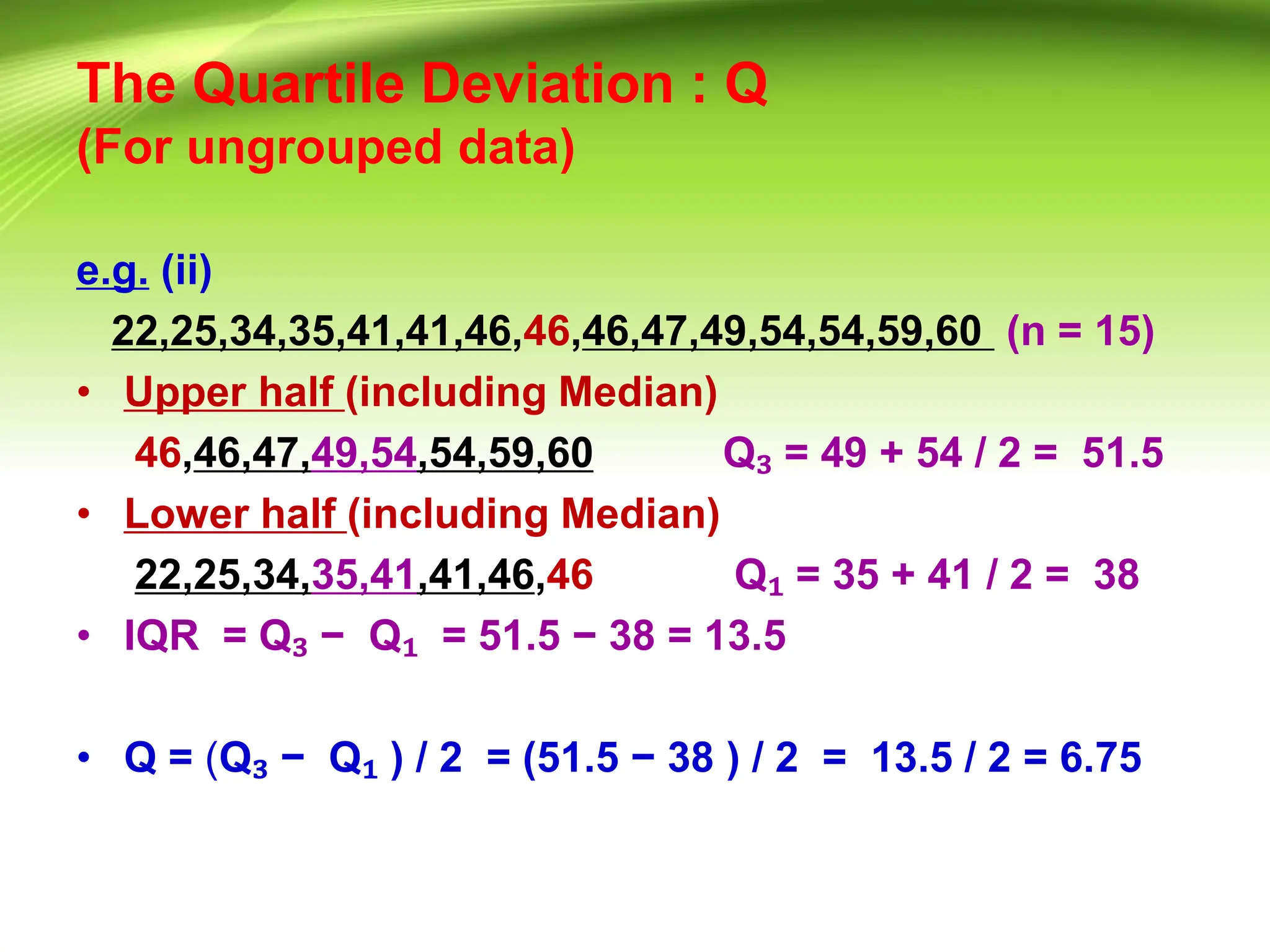 The Quartile Deviation : Q
(For ungrouped data)
e.g. (ii)
22,25,34,35,41,41,46,46,46,47,49,54,54,59,60 (n = 15)
• Upper half (including Median)
46,46,47,49,54,54,59,60 Q₃ = 49 + 54 / 2 = 51.5
• Lower half (including Median)
22,25,34,35,41,41,46,46 Q₁ = 35 + 41 / 2 = 38
• IQR = Q₃ − Q₁ = 51.5 − 38 = 13.5
• Q = (Q₃ − Q₁ ) / 2 = (51.5 − 38 ) / 2 = 13.5 / 2 = 6.75
 