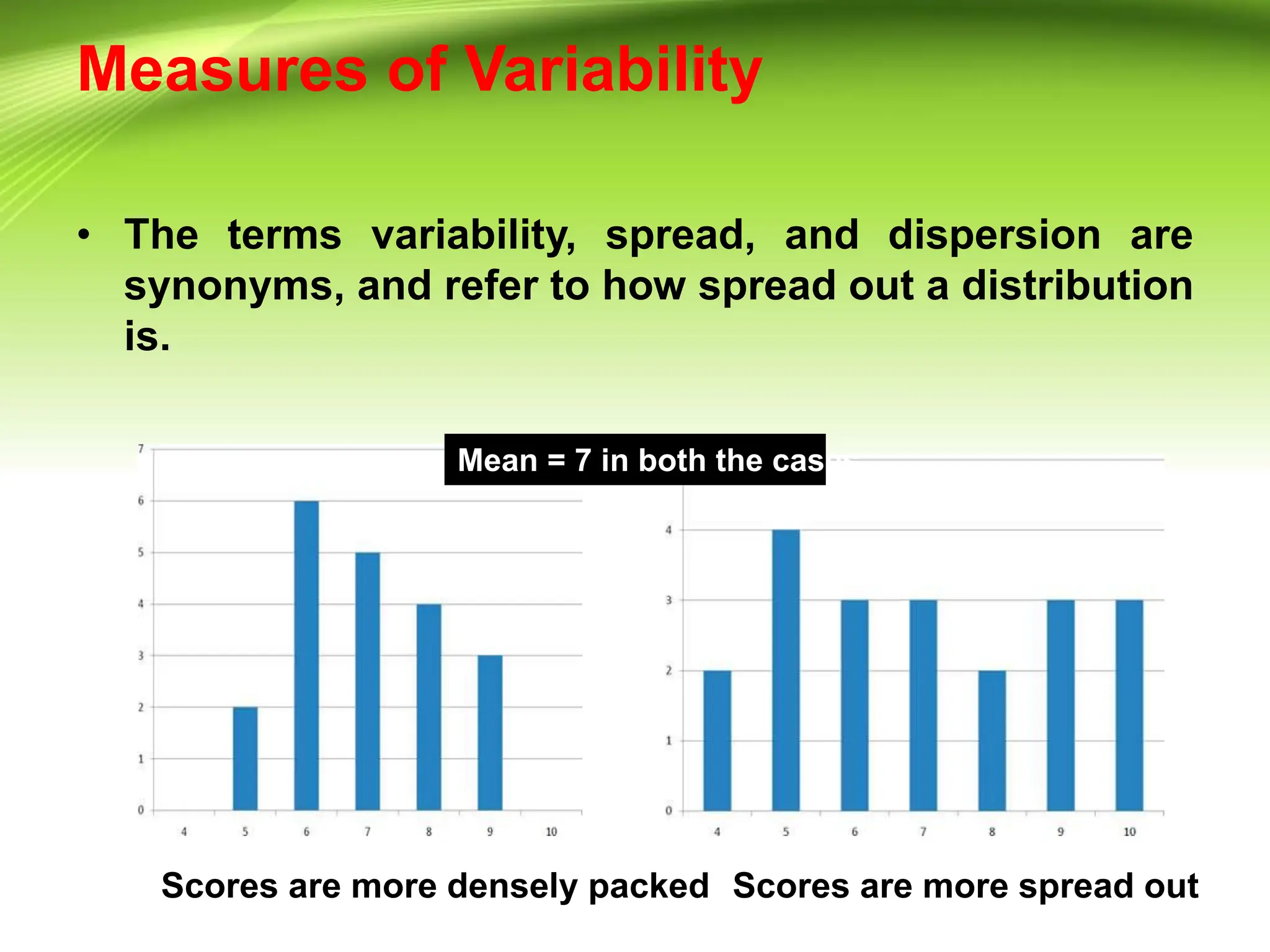 Measures of Variability
• The terms variability, spread, and dispersion are
synonyms, and refer to how spread out a distribution
is.
Mean = 7 in both the cases
Scores are more densely packed Scores are more spread out
 