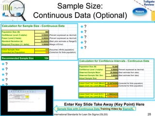 Sample Size: 
Continuous Data (Optional) 
Calculation for Confidence Intervals - Continuous Data 
Population Size (N) 10,000 
Confidence Level (1-alpha) 0.95000 (Percent expressed as decimal) 
Observed Sample Mean 25.00000 (Best estimate from data) 
Observed Sample Std. Dev. 5.00000 (Best estimate from data) 
Actual Sample Size 100 
Lower Conf. Int. Limit (Mean) 23.86764596 (Corrected for finite population) 
Upper Conf. Int. Limit (Mean) 26.13235404 (Corrected for finite population) 
Lower Conf. Int. Limit (S.D.) 4.390034232 
Upper Conf. Int. Limit (S.D.) 5.808376227 
Calculation for Sample Size - Continuous Data 
Population Size (N) 860 
Confidence Level (1-alpha) 0.95000 (Percent expressed as decimal) 
Power Level (1-beta) 0.90000 (Percent expressed as decimal) 
Standard Deviation (s) 10.00000 (Best prior estimate or Range/5) 
Required Precision (+/- delta) 3.00000 (Margin of Error) 
Initial Sample Size 117 (Assumes infinite population) 
Corrected for Population 104 (Correction for finite population) 
Recommended Sample Size 104 
 ? 
 ? 
 ? 
 ? 
 ? 
 ? 
 ? 
 ? 
 ? 
 ? 
Enter Key Slide Take Away (Key Point) Here 
Sample Size with Continuous Data Training Video by SigmaXL 
International Standards for Lean Six Sigma (ISLSS) 28 
 
