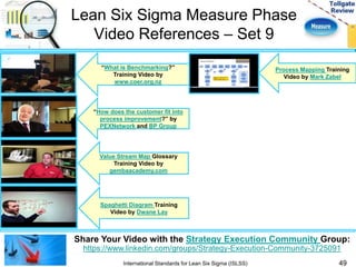 Lean Six Sigma Measure Phase 
Video References – Set 9 
“What is Benchmarking?” 
Training Video by 
www.coer.org.nz 
“How does the customer fit into 
process improvement?” by 
PEXNetwork and BP Group 
Value Stream Map Glossary 
Training Video by 
gembaacademy.com 
Spaghetti Diagram Training 
Video by Dwane Lay 
Share Your Video with the Strategy Execution Community Group: 
https://www.linkedin.com/groups/Strategy-Execution-Community-3725091 
49 
International Standards for Lean Six Sigma (ISLSS) 
Process Mapping Training 
Video by Mark Zabel 
