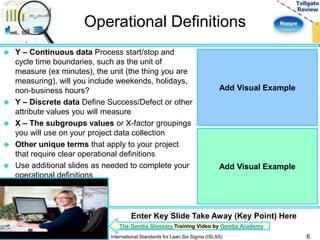 Operational Definitions 
 Y – Continuous data Process start/stop and 
cycle time boundaries, such as the unit of 
measure (ex minutes), the unit (the thing you are 
measuring), will you include weekends, holidays, 
non-business hours? 
 Y – Discrete data Define Success/Defect or other 
attribute values you will measure 
 X – The subgroups values or X-factor groupings 
you will use on your project data collection 
 Other unique terms that apply to your project 
that require clear operational definitions 
 Use additional slides as needed to complete your 
operational definitions 
Add Visual Example 
Add Visual Example 
Enter Key Slide Take Away (Key Point) Here 
The Gemba Glossary Training Video by Gemba Academy 
International Standards for Lean Six Sigma (ISLSS) 6 
 