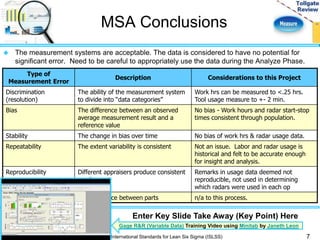 MSA Conclusions 
 The measurement systems are acceptable. The data is considered to have no potential for 
significant error. Need to be careful to appropriately use the data during the Analyze Phase. 
Type of 
Measurement Error 
Description Considerations to this Project 
Discrimination 
(resolution) 
The ability of the measurement system 
to divide into “data categories” 
Work hrs can be measured to <.25 hrs. 
Tool usage measure to +- 2 min. 
Bias The difference between an observed 
average measurement result and a 
reference value 
No bias - Work hours and radar start-stop 
times consistent through population. 
Stability The change in bias over time No bias of work hrs & radar usage data. 
Repeatability The extent variability is consistent Not an issue. Labor and radar usage is 
historical and felt to be accurate enough 
for insight and analysis. 
Reproducibility Different appraisers produce consistent 
results 
Remarks in usage data deemed not 
reproducible, not used in determining 
which radars were used in each op 
Variation The difference between parts n/a to this process. 
Enter Key Slide Take Away (Key Point) Here 
Gage R&R (Variable Data) Training Video using Minitab by Janeth Leon 
International Standards for Lean Six Sigma (ISLSS) 7 
 