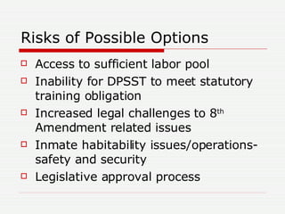 Risks of Possible Options Access to sufficient labor pool Inability for DPSST to meet statutory training obligation Increased legal challenges to 8 th  Amendment related issues Inmate habitability issues/operations- safety and security Legislative approval process 