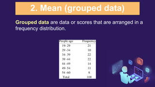 2. Mean (grouped data)
Grouped data are data or scores that are arranged in a
frequency distribution.
 