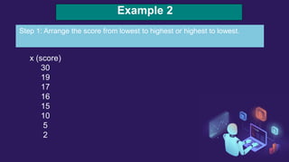 Example 2
x (score)
30
19
17
16
15
10
5
2
Step 1: Arrange the score from lowest to highest or highest to lowest.
 