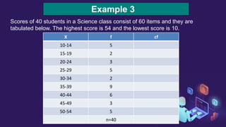 Scores of 40 students in a Science class consist of 60 items and they are
tabulated below. The highest score is 54 and the lowest score is 10.
Example 3
X f cf
10-14 5
15-19 2
20-24 3
25-29 5
30-34 2
35-39 9
40-44 6
45-49 3
50-54 5
n=40
 