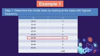 Example 1
Step 1: Determine the modal class by looking at the class with highest
frequency.
X f
10-14 5
15-19 2
20-24 3
25-29 5
30-34 2
35-39 9
40-44 6
45-49 3
50-54 5
n=40
 