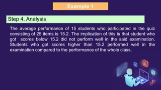 Example 1
Step 4. Analysis
The average performance of 15 students who participated in the quiz
consisting of 25 items is 15.2. The implication of this is that student who
got scores below 15.2 did not perform well in the said examination.
Students who got scores higher than 15.2 performed well in the
examination compared to the performance of the whole class.
 