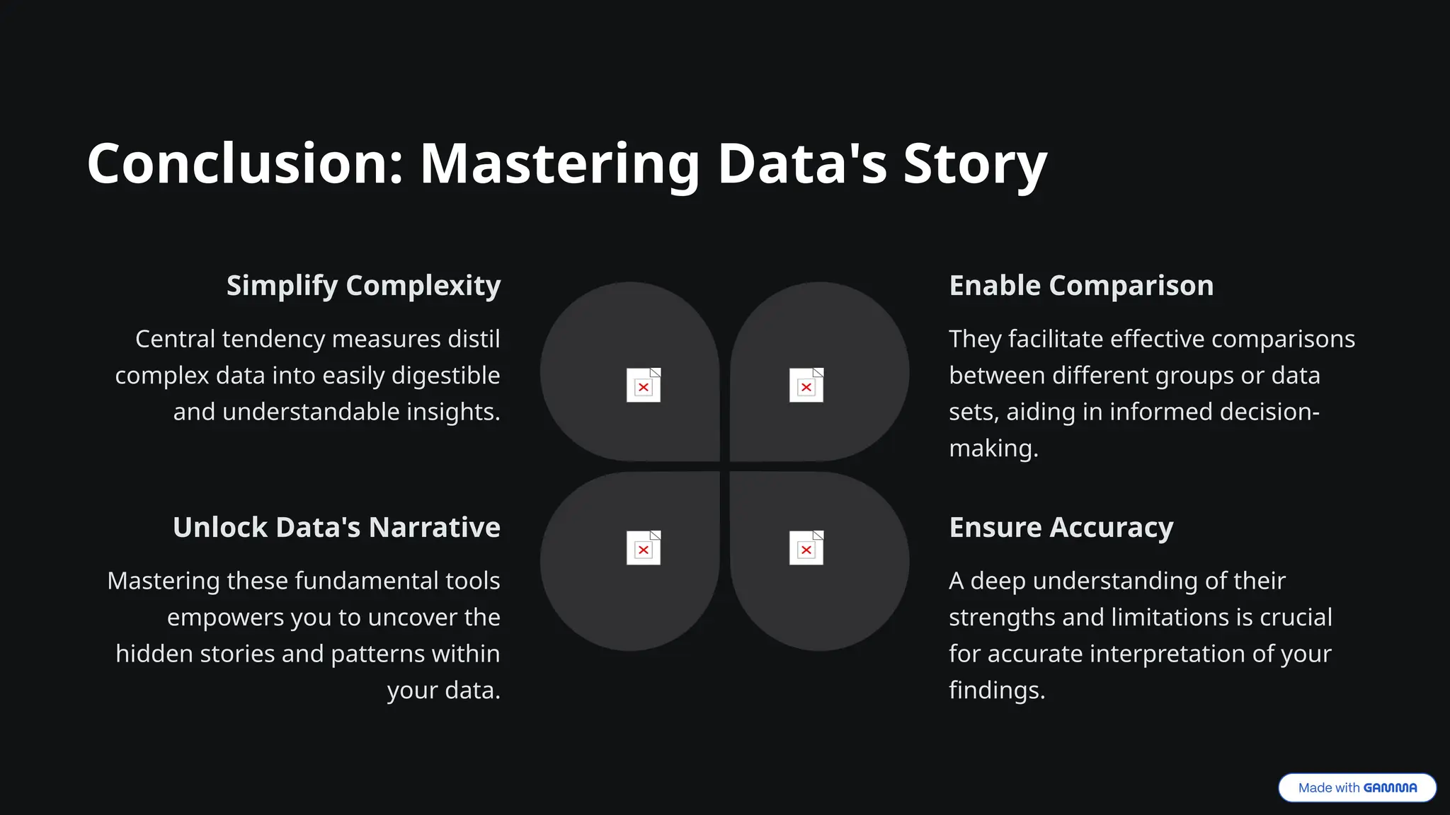 Conclusion: Mastering Data's Story
Simplify Complexity
Central tendency measures distil
complex data into easily digestible
and understandable insights.
Enable Comparison
They facilitate effective comparisons
between different groups or data
sets, aiding in informed decision-
making.
Ensure Accuracy
A deep understanding of their
strengths and limitations is crucial
for accurate interpretation of your
findings.
Unlock Data's Narrative
Mastering these fundamental tools
empowers you to uncover the
hidden stories and patterns within
your data.
 
