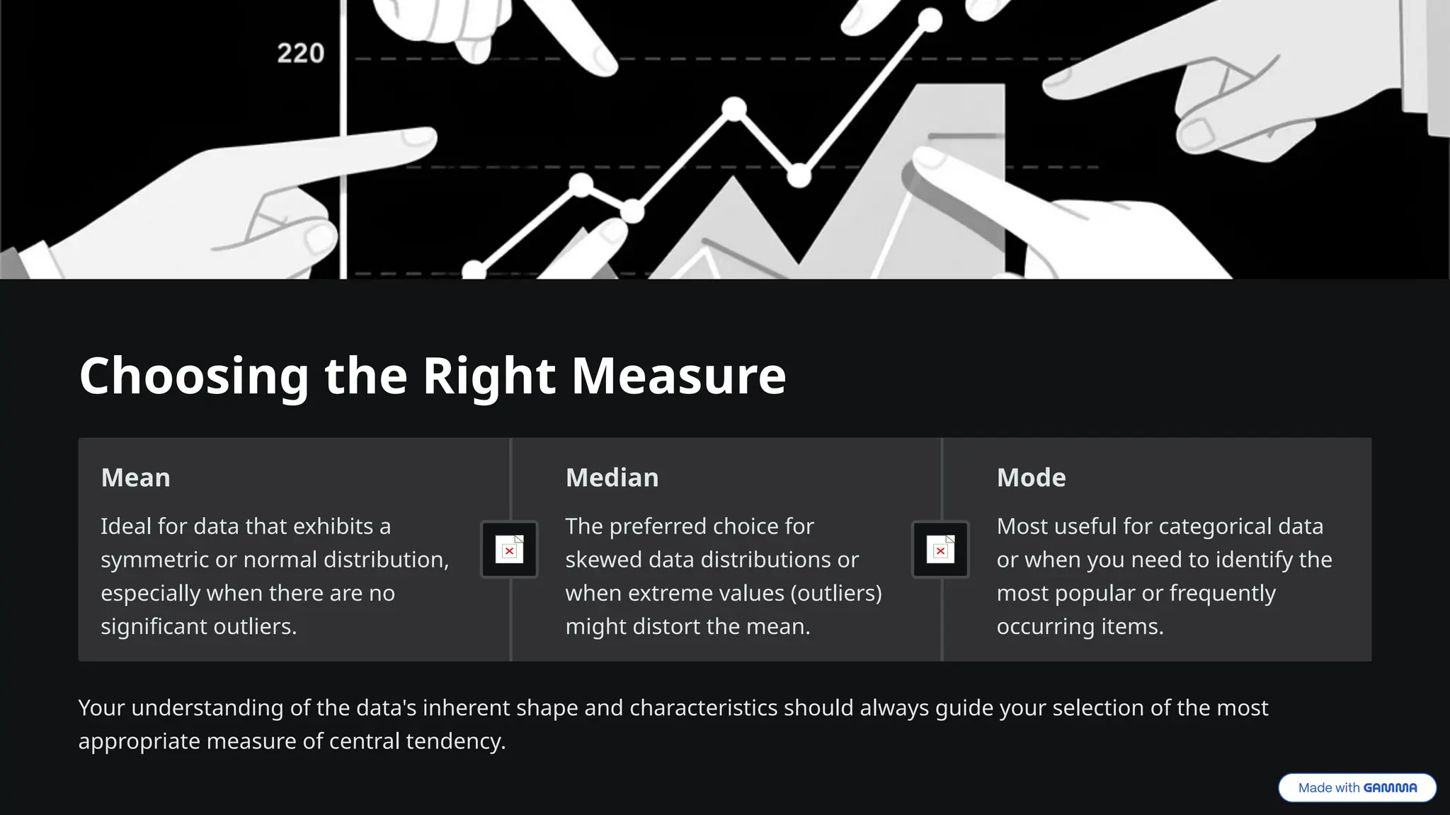 Choosing the Right Measure
Mean
Ideal for data that exhibits a
symmetric or normal distribution,
especially when there are no
significant outliers.
Median
The preferred choice for
skewed data distributions or
when extreme values (outliers)
might distort the mean.
Mode
Most useful for categorical data
or when you need to identify the
most popular or frequently
occurring items.
Your understanding of the data's inherent shape and characteristics should always guide your selection of the most
appropriate measure of central tendency.
 