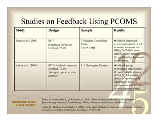 Studies on Feedback Using PCOMS
   Study                       Design                           Sample                          Results
0011 0010 1010 1101 0001 0100 1011
   Reese et al. (2009)         RCT                              74 Student Counseling           •Feedback improved
                               (Feedback versus no              Center                          overall outcomes: (1) 2X
                               feedback TAU)                    74 OP CMH                       as much change on the
                                                                                                ORS; (2) 25-66% more




                                                                                                                 2
                                                                                                reliable improvements;




                                                                                                  1
                                                                                                (3) significantly decreased
                                                                                                deterioration.
   Anker et al. (2009)         RCT (feedback versus no          410 Norwegian Couples           •Feedback group
                               feedback TAU)                                                    experienced significantly:
                               Therapist served as own                                          (1) more reliable change
                               controls                                                         (25%); (2) 4X greater
                                                                                                chance of recovery; (3)
                                                                                                significantly less
                                                                                                deterioration; (4) 50% less
                                                                                                divorce/separation rate.


                         Reese, R., Norsworthy, L.,  Rowlands, S. (2009). Does a Continuous Feedback Model Improve
                         Psychotherapy Outcome? Psychotherapy: Theory, Research, and Practice, 46, 418-431.
                         Anker, M., Duncan, B.,  Sparks, J. (2009). Using client feedback to improve couple therapy outcomes.
                         Journal of Consulting and Clinical Psychology, 77, 693-704.
 