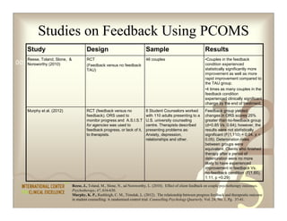 Studies on Feedback Using PCOMS
Study Design Sample Results
Reese, Toland, Slone, &
Norsworthy (2010)
RCT
(Feedback versus...