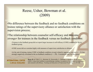 Reese, R. J., Usher, E. L., Bowman, D., Norsworthy, L., Halstead, J., Rowlands, S., & Chisholm, R.
(2009). Using client fe...