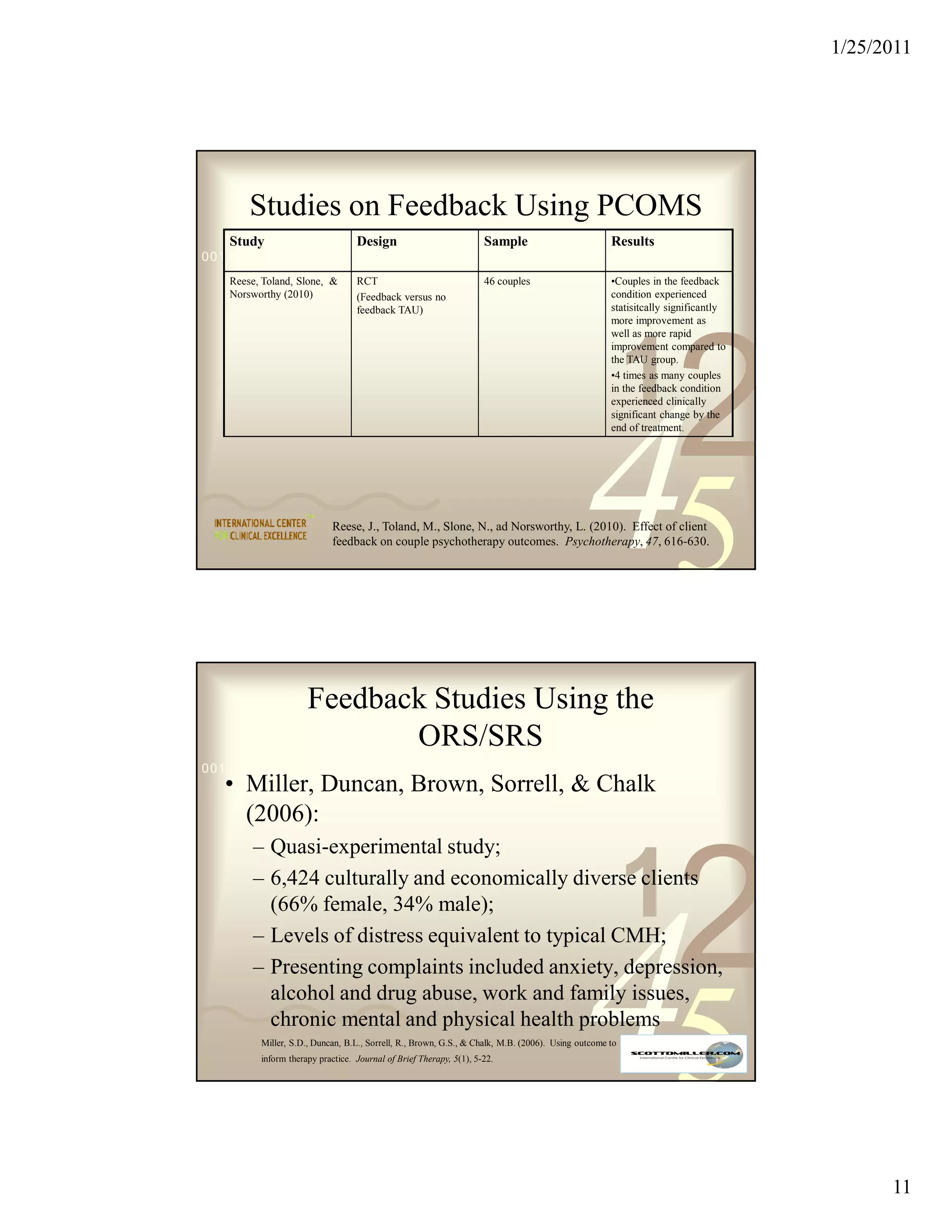 1/25/2011




       Studies on Feedback Using PCOMS
   Study                          Design                            Sample                         Results
0011 0010 1010 1101 0001 0100 1011
   Reese, Toland, Slone, &        RCT                               46 couples                     •Couples in the feedback
   Norsworthy (2010)              (Feedback versus no                                              condition experienced
                                  feedback TAU)                                                    statisitcally significantly
                                                                                                   more improvement as
                                                                                                   well as more rapid




                                                                                                        1
                                                                                                                  2
                                                                                                   improvement compared to
                                                                                                   the TAU group.
                                                                                                   •4 times as many couples
                                                                                                   in the feedback condition




                                                                                            45
                                                                                                   experienced clinically
                                                                                                   significant change by the
                                                                                                   end of treatment.




                           Reese, J., Toland, M., Slone, N., ad Norsworthy, L. (2010). Effect of client
                           feedback on couple psychotherapy outcomes. Psychotherapy, 47, 616-630.




                     Feedback Studies Using the
                            ORS/SRS
0011 0010 1010 1101 0001 0100 1011
   • Miller, Duncan, Brown, Sorrell, & Chalk
     (2006):
       – Quasi-experimental study;
       – 6,424 culturally and economically diverse clients
         (66% female, 34% male);                                                                        1
                                                                                                                  2
                                                                                            45
       – Levels of distress equivalent to typical CMH;
       – Presenting complaints included anxiety, depression,
         alcohol and drug abuse, work and family issues,
         chronic mental and physical health problems
         Miller, S.D., Duncan, B.L., Sorrell, R., Brown, G.S., & Chalk, M.B. (2006). Using outcome to
         inform therapy practice. Journal of Brief Therapy, 5(1), 5-22.




                                                                                                                                       11
 