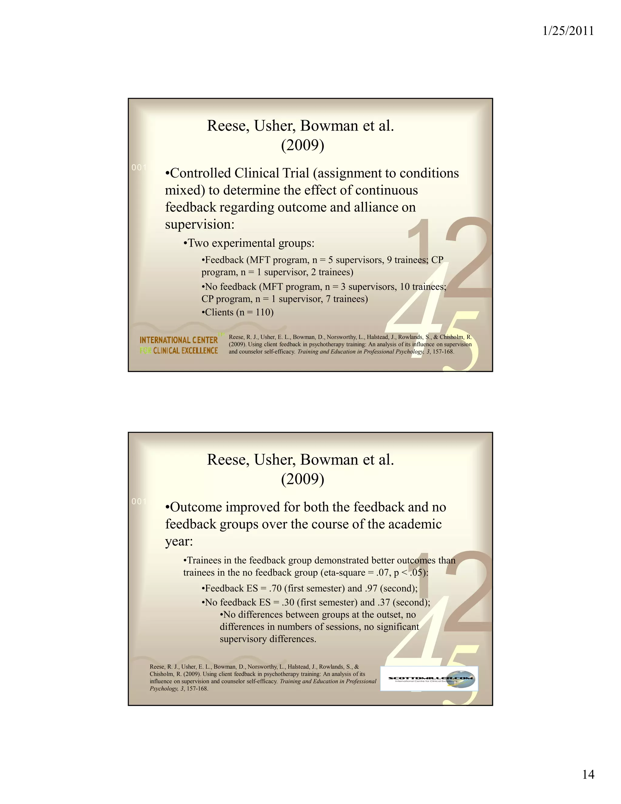 1/25/2011




                          Reese, Usher, Bowman et al.
                                    (2009)
0011 0010 1010 1101 0001 0100 1011
         •Controlled Clinical Trial (assignment to conditions
         mixed) to determine the effect of continuous
         feedback regarding outcome and alliance on




                                                                                                                          2
         supervision:
                •Two experimental groups:
                        •Feedback (MFT program, n = 5 supervisors, 9 trainees; CP                         1
                                                                                                  45
                        program, n = 1 supervisor, 2 trainees)
                        •No feedback (MFT program, n = 3 supervisors, 10 trainees;
                        CP program, n = 1 supervisor, 7 trainees)
                        •Clients (n = 110)

                                   Reese, R. J., Usher, E. L., Bowman, D., Norsworthy, L., Halstead, J., Rowlands, S., & Chisholm, R.
                                   (2009). Using client feedback in psychotherapy training: An analysis of its influence on supervision
                                   and counselor self-efficacy. Training and Education in Professional Psychology, 3, 157-168.




                          Reese, Usher, Bowman et al.
                                    (2009)
0011 0010 1010 1101 0001 0100 1011
         •Outcome improved for both the feedback and no
         feedback groups over the course of the academic
         year:


                                                                                                          1
                                                                                                                          2
                •Trainees in the feedback group demonstrated better outcomes than
                trainees in the no feedback group (eta-square = .07, p < .05):
                        •Feedback ES = .70 (first semester) and .97 (second);




                                                                                                  45
                        •No feedback ES = .30 (first semester) and .37 (second);
                            •No differences between groups at the outset, no
                            differences in numbers of sessions, no significant
                            supervisory differences.

   Reese, R. J., Usher, E. L., Bowman, D., Norsworthy, L., Halstead, J., Rowlands, S., &
   Chisholm, R. (2009). Using client feedback in psychotherapy training: An analysis of its
   influence on supervision and counselor self-efficacy. Training and Education in Professional
   Psychology, 3, 157-168.




                                                                                                                                                14
 