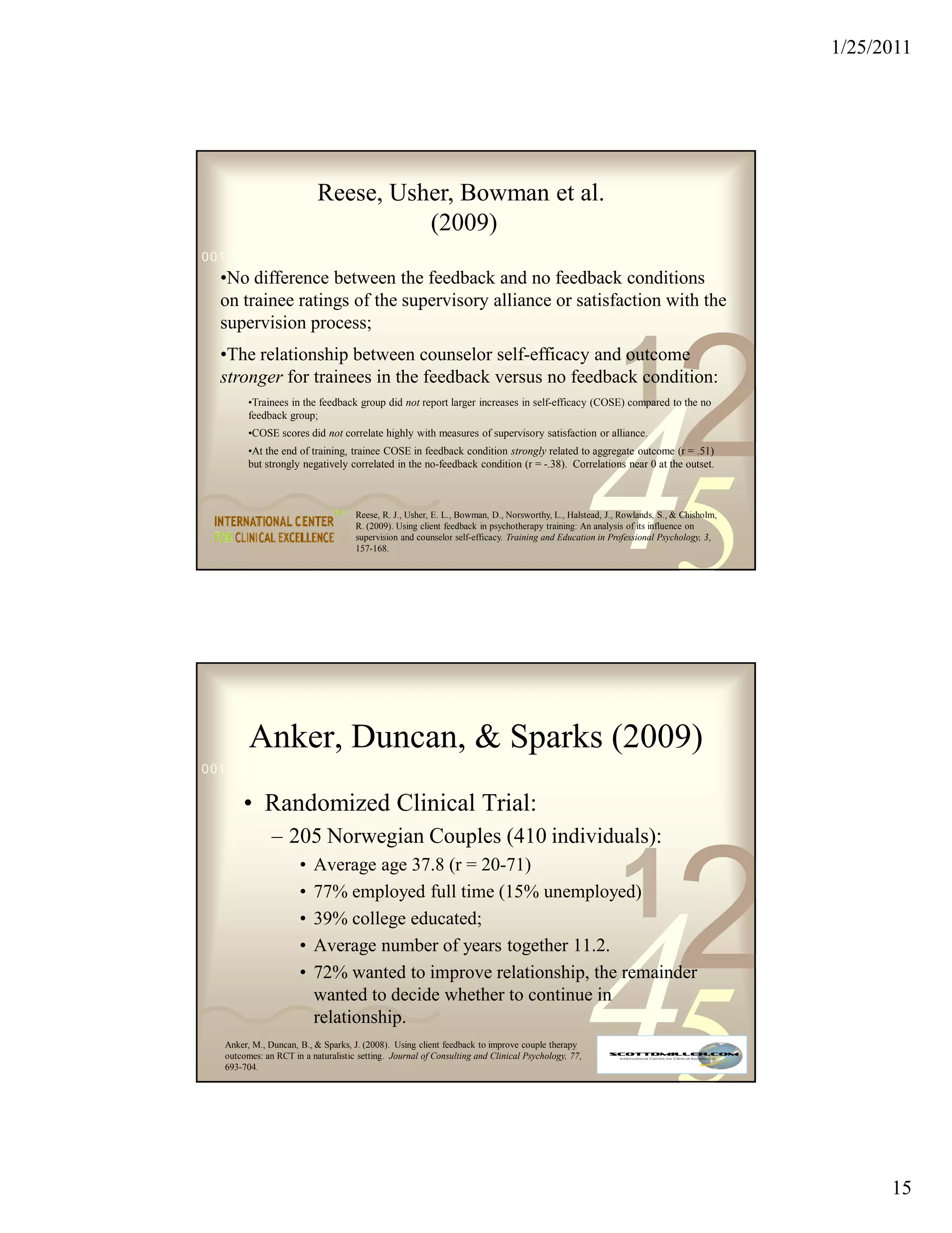 1/25/2011




                           Reese, Usher, Bowman et al.
                                     (2009)
0011 0010 1010 1101 0001 0100 1011
  •No difference between the feedback and no feedback conditions
  on trainee ratings of the supervisory alliance or satisfaction with the
  supervision process;



                                                                                                          1
                                                                                                                         2
  •The relationship between counselor self-efficacy and outcome
  stronger for trainees in the feedback versus no feedback condition:




                                                                                                    45
         •Trainees in the feedback group did not report larger increases in self-efficacy (COSE) compared to the no
         feedback group;
         •COSE scores did not correlate highly with measures of supervisory satisfaction or alliance.
         •At the end of training, trainee COSE in feedback condition strongly related to aggregate outcome (r = .51)
         but strongly negatively correlated in the no-feedback condition (r = -.38). Correlations near 0 at the outset.



                                     Reese, R. J., Usher, E. L., Bowman, D., Norsworthy, L., Halstead, J., Rowlands, S., & Chisholm,
                                     R. (2009). Using client feedback in psychotherapy training: An analysis of its influence on
                                     supervision and counselor self-efficacy. Training and Education in Professional Psychology, 3,
                                     157-168.




         Anker, Duncan, & Sparks (2009)
0011 0010 1010 1101 0001 0100 1011

       • Randomized Clinical Trial:
               – 205 Norwegian Couples (410 individuals):


                                                                                                          1
                                                                                                                         2
                      •   Average age 37.8 (r = 20-71)
                      •   77% employed full time (15% unemployed)




                                                                                                    45
                      •   39% college educated;
                      •   Average number of years together 11.2.
                      •   72% wanted to improve relationship, the remainder
                          wanted to decide whether to continue in
                          relationship.
   Anker, M., Duncan, B., & Sparks, J. (2008). Using client feedback to improve couple therapy
   outcomes: an RCT in a naturalistic setting. Journal of Consulting and Clinical Psychology, 77,
   693-704.




                                                                                                                                             15
 