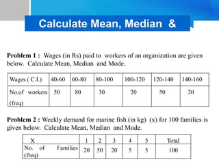 Wages ( C.I.) 40-60 60-80 80-100 100-120 120-140 140-160
No.of workers
(freq)
50 80 30 20 50 20
X 1 2 3 4 5 Total
No. of Families
(freq)
20 50 20 5 5 100
Problem 1 : Wages (in Rs) paid to workers of an organization are given
below. Calculate Mean, Median and Mode.
Problem 2 : Weekly demand for marine fish (in kg) (x) for 100 families is
given below. Calculate Mean, Median and Mode.
Calculate Mean, Median &
Mode
 