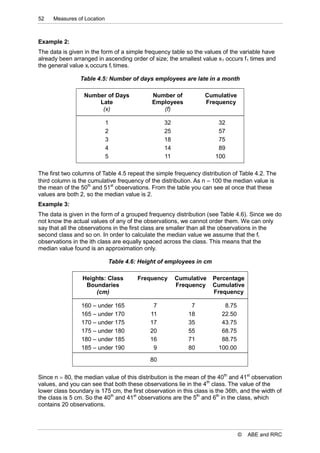 52    Measures of Location



Example 2:
The data is given in the form of a simple frequency table so the values of the variable have
already been arranged in ascending order of size; the smallest value x1 occurs f1 times and
the general value xi occurs fi times.

                Table 4.5: Number of days employees are late in a month

                  Number of Days             Number of            Cumulative
                      Late                   Employees            Frequency
                       (x)                      (f)

                             1                    32                   32
                             2                    25                   57
                             3                    18                   75
                             4                    14                   89
                             5                    11                  100

The first two columns of Table 4.5 repeat the simple frequency distribution of Table 4.2. The
third column is the cumulative frequency of the distribution. As n  100 the median value is
the mean of the 50th and 51st observations. From the table you can see at once that these
values are both 2, so the median value is 2.
Example 3:
The data is given in the form of a grouped frequency distribution (see Table 4.6). Since we do
not know the actual values of any of the observations, we cannot order them. We can only
say that all the observations in the first class are smaller than all the observations in the
second class and so on. In order to calculate the median value we assume that the fi
observations in the ith class are equally spaced across the class. This means that the
median value found is an approximation only.

                             Table 4.6: Height of employees in cm

                 Heights: Class        Frequency       Cumulative    Percentage
                  Boundaries                           Frequency     Cumulative
                     (cm)                                            Frequency

                 160 – under 165             7              7            8.75
                 165 – under 170            11             18           22.50
                 170 – under 175            17             35           43.75
                 175 – under 180            20             55           68.75
                 180 – under 185            16             71           88.75
                 185 – under 190             9             80          100.00

                                            80

Since n  80, the median value of this distribution is the mean of the 40th and 41st observation
values, and you can see that both these observations lie in the 4th class. The value of the
lower class boundary is 175 cm, the first observation in this class is the 36th, and the width of
the class is 5 cm. So the 40th and 41st observations are the 5th and 6th in the class, which
contains 20 observations.




                                                                                ©   ABE and RRC
 