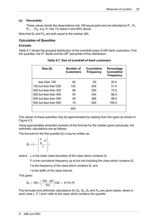 Measures of Location     55



(c)    Percentiles
       These values divide the observations into 100 equal parts and are denoted by P1, P2,
       P3, ... P99, e.g. P1 has 1% below it and 99% above.
Note that D5 and P50 are both equal to the median (M).

Calculation of Quantiles
Example:
Table 4.7 shows the grouped distribution of the overdraft sizes of 400 bank customers. Find
the quartiles, the 4th decile and the 95th percentile of this distribution.

                        Table 4.7: Size of overdraft of bank customers

                    Size (£)            Number of     Cumulative      Percentage
                                        Customers     Frequency       Cumulative
                                                                      Frequency

                  less than 100               82              82         20.5
              100 but less than 200          122             204         51.0
              200 but less than 300           86             290         72.5
              300 but less than 400           54             344         86.0
              400 but less than 500           40             384         96.0
              500 but less than 600           16             400        100.0

                                             400

The values of these quantiles may be approximated by reading from the ogive as shown in
Figure 4.3.
Using appropriately amended versions of the formula for the median given previously, the
arithmetic calculations are as follows:
The formula for the first quartile (Q1) may be written as:
                n  
                 F
       Q1  L   4 i
                 f 
                   
                   
where: L is the lower class boundary of the class which contains Q1
          F is the cumulative frequency up to but not including the class which contains Q 1
          f is the frequency of the class which contains Q1 and
          i is the width of the class interval.
This gives:
                   100  82 
       Q1  100             100  £114.75
                   122 
The formulas and arithmetic calculations for Q2, Q3, D4 and P95 are given below, where in
each case L, F, f and i refer to the class which contains the quantile.




©     ABE and RRC
 