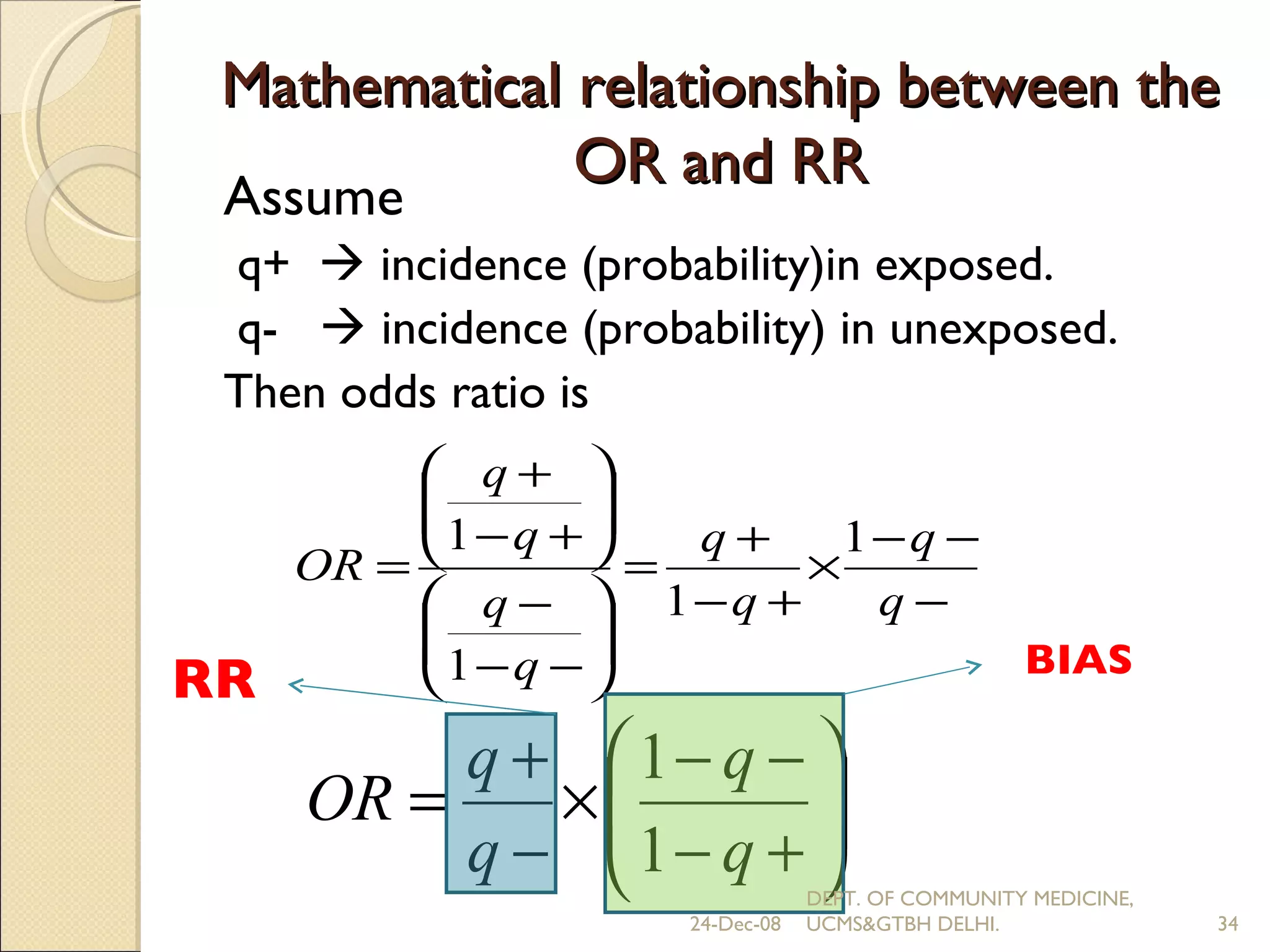 Mathematical relationship between the OR and RR Assume  q+    incidence (probability)in exposed. q-    incidence (probability) in unexposed. Then odds ratio is RR BIAS 24-Dec-08 DEPT. OF COMMUNITY MEDICINE, UCMS&GTBH DELHI. 