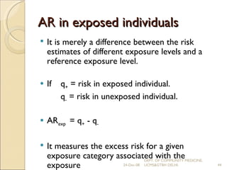 AR in exposed individuals It is merely a difference between the risk estimates of different exposure levels and a reference exposure level. If  q +  = risk in exposed individual.   q -  = risk in unexposed individual. AR exp  = q +  - q - It measures the excess risk for a given exposure category associated with the exposure 24-Dec-08 DEPT. OF COMMUNITY MEDICINE, UCMS&GTBH DELHI. 