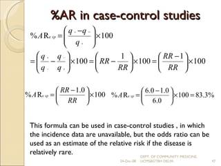%AR in case-control studies This formula can be used in case-control studies , in which the incidence data are unavailable, but the odds ratio can be used as an estimate of the relative risk if the disease is relatively rare. 24-Dec-08 DEPT. OF COMMUNITY MEDICINE, UCMS&GTBH DELHI. 