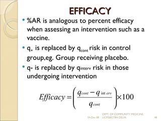 EFFICACY %AR is analogous to percent efficacy when assessing an intervention such as a vaccine. q +  is replaced by q cont  risk in control group,eg. Group receiving placebo. q- is replaced by q interv  risk in those undergoing intervention 24-Dec-08 DEPT. OF COMMUNITY MEDICINE, UCMS&GTBH DELHI. 
