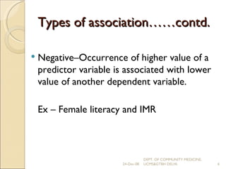 Types of association……contd. Negative–Occurrence of higher value of a predictor variable is associated with lower value of another dependent variable. Ex – Female literacy and IMR 24-Dec-08 DEPT. OF COMMUNITY MEDICINE, UCMS&GTBH DELHI. 