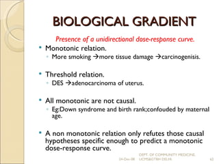BIOLOGICAL GRADIENT Presence of a unidirectional dose-response curve. Monotonic relation.  More smoking   more tissue damage   carcinogenisis. Threshold relation. DES   adenocarcinoma of uterus. All monotonic are not causal. Eg:Down syndrome and birth rank;confouded by maternal age. A non monotonic relation only refutes those causal hypotheses specific enough to predict a monotonic dose-response curve. 24-Dec-08 DEPT. OF COMMUNITY MEDICINE, UCMS&GTBH DELHI. 