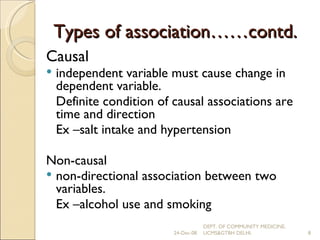 Types of association……contd. Causal  independent variable must cause change in dependent variable.  Definite condition of causal associations are time and direction Ex –salt intake and hypertension Non-causal non-directional association between two variables. Ex –alcohol use and smoking 24-Dec-08 DEPT. OF COMMUNITY MEDICINE, UCMS&GTBH DELHI. 