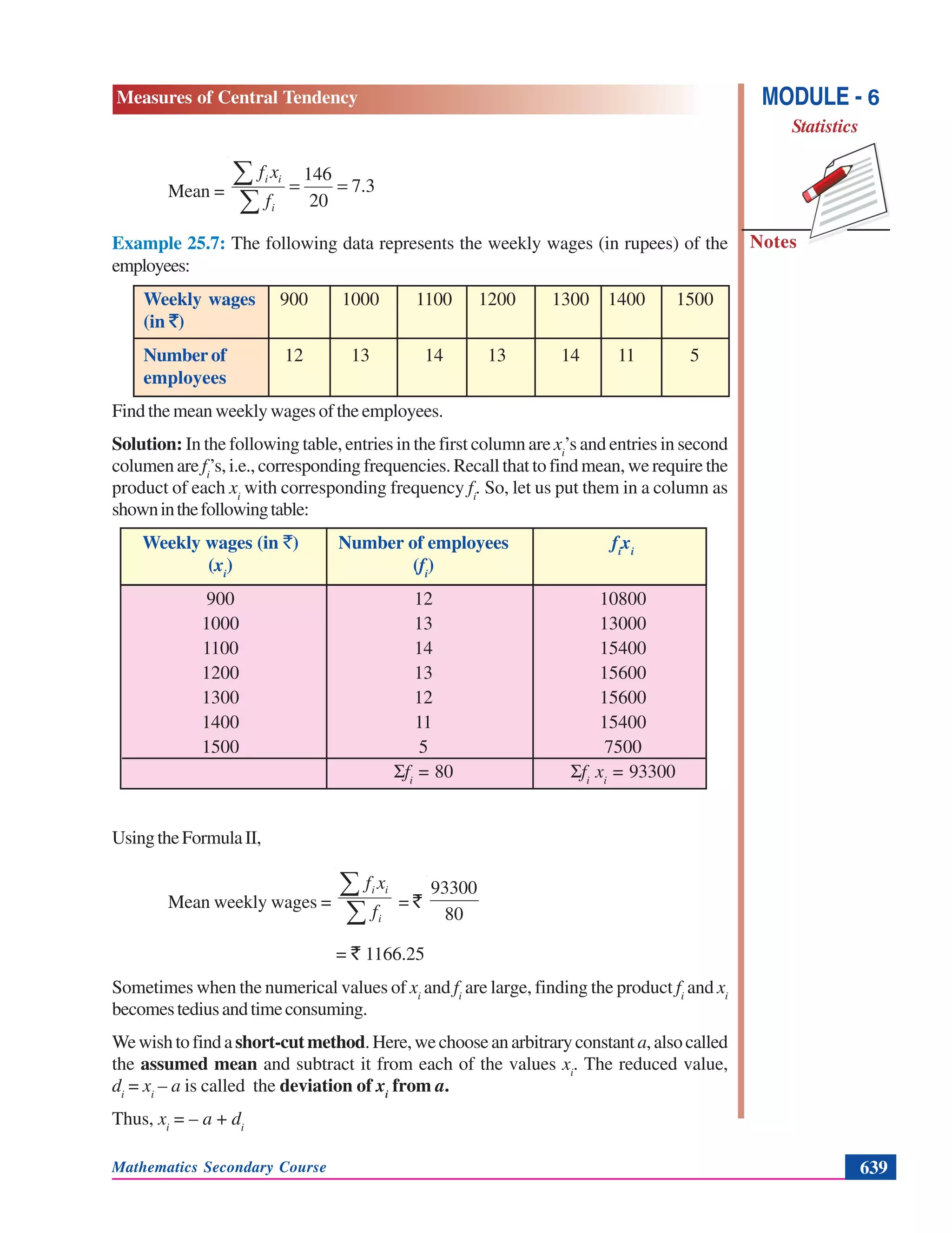 Mathematics Secondary Course 639
Measures of Central Tendency
Notes
MODULE - 6
Statistics
Mean = 3.7
20
146
==
∑
∑
i
ii
f
xf
Example 25.7: The following data represents the weekly wages (in rupees) of the
employees:
Weekly wages 900 1000 1100 1200 1300 1400 1500
(in `)
Number of 12 13 14 13 14 11 5
employees
Find the mean weekly wages of the employees.
Solution: In the following table, entries in the first column are xi
’s and entries in second
columen are fi
’s, i.e., corresponding frequencies. Recall that to find mean, we require the
product of each xi
with corresponding frequency fi
. So, let us put them in a column as
showninthefollowingtable:
Weekly wages (in `) Number of employees fi
xi
(xi
) (fi
)
900 12 10800
1000 13 13000
1100 14 15400
1200 13 15600
1300 12 15600
1400 11 15400
1500 5 7500
Σfi
= 80 Σfi
xi
= 93300
UsingtheFormulaII,
Mean weekly wages =
∑
∑
i
ii
f
xf
= `
80
93300
= ` 1166.25
Sometimes when the numerical values of xi
and fi
are large, finding the product fi
and xi
becomestediusandtimeconsuming.
Wewishtofinda short-cutmethod.Here,wechooseanarbitraryconstant a,alsocalled
the assumed mean and subtract it from each of the values xi
. The reduced value,
di
= xi
– a is called the deviation of xi
from a.
Thus, xi
= – a + di
 