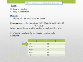 Merits
 Easy to calculate.
 Easy to understand.
Demerits
1. Highly affected by the extreme values.
Example: marks of a 10 students 70,75,77,60,64,60,90,10,99,97.
𝑋 = 70.2
So we can see that the student scoring 10 has least effect in it.
2. Can’t be calculated for open ended class intervals
Example:
C I f
<60 10
60-70 20
70-80 30
80-90 40
>90 50
Merits and demerits of arithmetic mean
 
