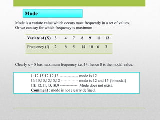 Mode
Mode is a variate value which occurs most frequently in a set of values.
Or we can say for which frequency is maximum
Variate of (X) 3 4 7 8 9 11 12
Frequency (f) 2 6 5 14 10 6 3
Clearly x = 8 has maximum frequency i.e. 14. hence 8 is the modal value.
I: 12,15,12,12,13 -------------- mode is 12
II: 15,15,12,13,12 ------------- mode is 12 and 15 {bimodal}
III: 12,11,13,10,9 ------------- Mode does not exist.
Comment : mode is not clearly defined.
 