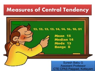 Suresh Babu G
Measures of Central Tendency
Suresh Babu G
Assistant Professor
CTE CPAS Paippad, Kottayam
 