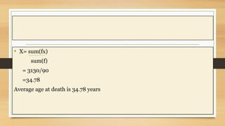 • X= sum(fx)
sum(f)
= 3130/90
=34.78
Average age at death is 34.78 years
 